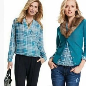 CAbi Teal Windowpane Plaid Wrap Pullover Blouse Top L